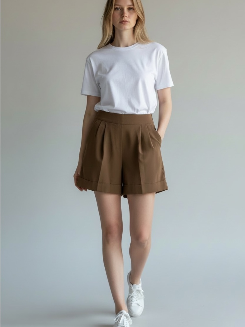 New York & Company Brown High-Waist Pleated Bermudas